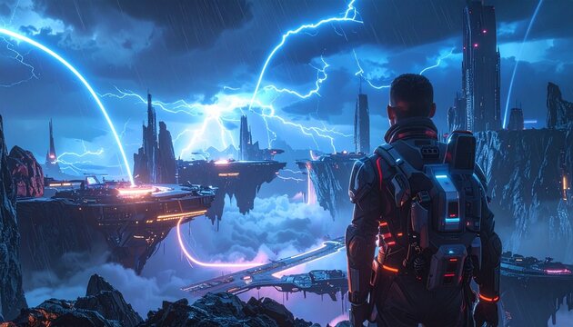 Futuristic Cityscape with Lightning and a Lone Figure Contemplating the Scene.