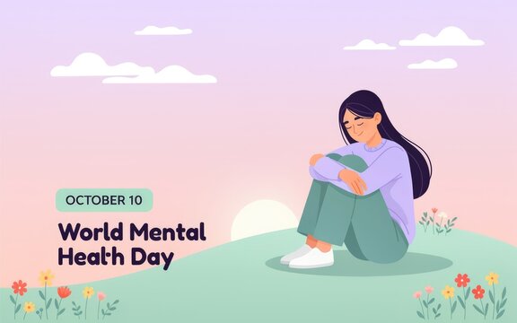 Sad young woman sitting alone in a field for world mental health day awareness concept illustration