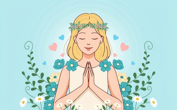 Peaceful woman meditating in nature for world mental health day concept with flowers and floral elements