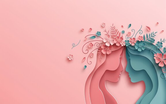 Paper cut art of two female profiles with flowers for mental health day awareness and support