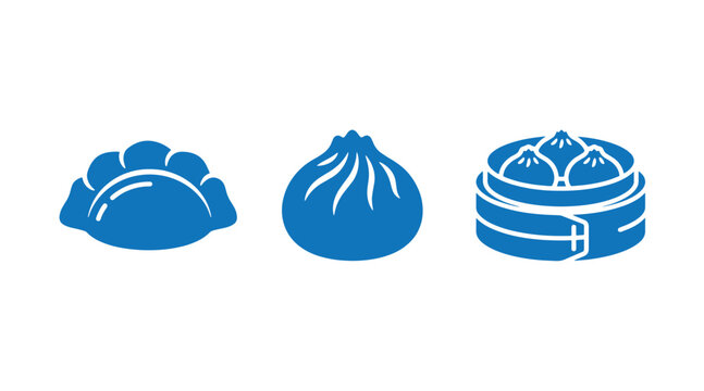 Assorted chinese dumplings and steamer basket food icon collection with dumpling illustration traditional oriental appetizer isolated dumplings steaming container