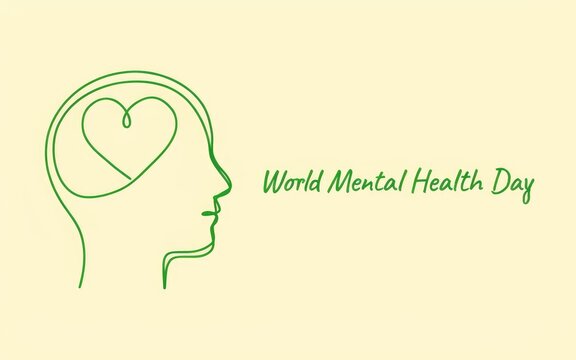 Minimalist line art illustration of a human head with a heart for world mental health day