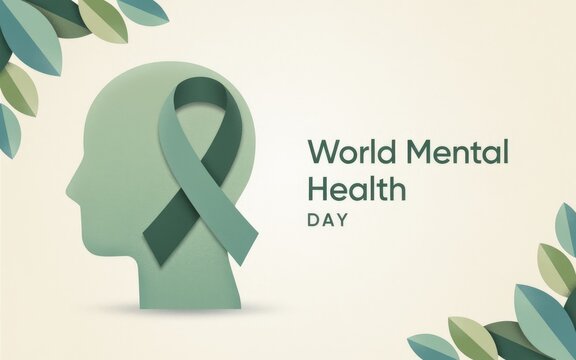 Minimalist illustration for world mental health day featuring a human head silhouette and awareness ribbon design