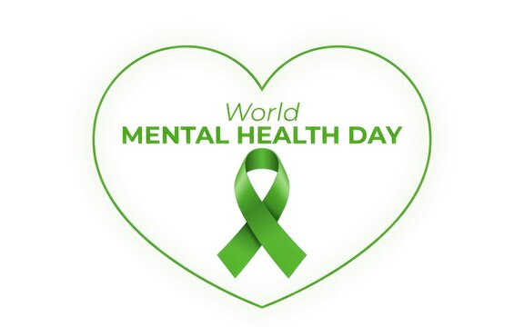 Green ribbon inside a heart shape symbol for world mental health day awareness and support campaign