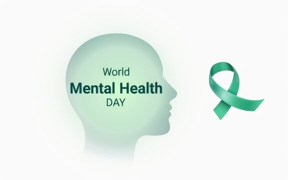 Conceptual illustration of a human head silhouette with a green ribbon for world mental health day awareness
