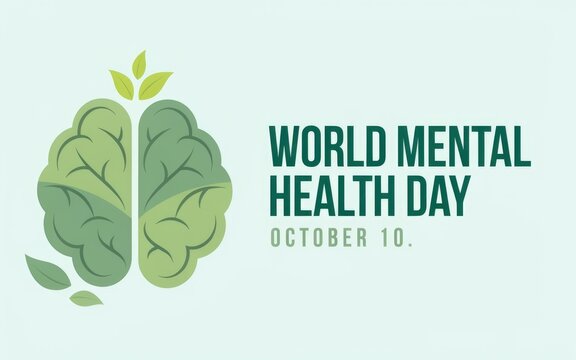 World mental health day concept illustration with a green brain and leaves for wellness and awareness