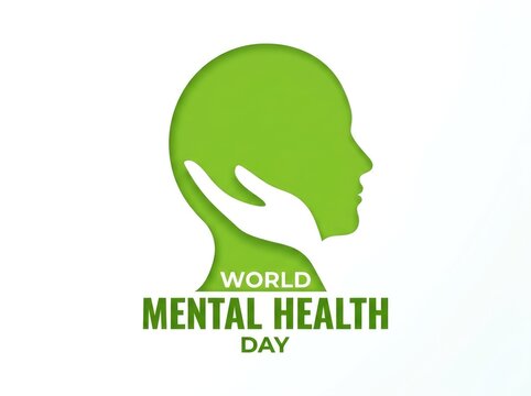 Green human head silhouette with a caring hand for world mental health day awareness design concept