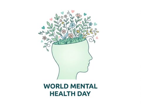 Conceptual illustration of a human head with blooming flowers for world mental health day awareness campaign