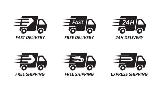Set of isolated delivery truck icon designs for logistics and fast shipping web store web interface.