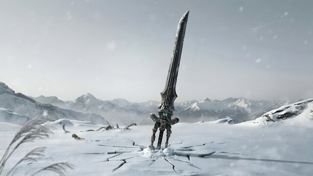 Tall sword embedded in icy snow in a snowy mountain landscape during daytime