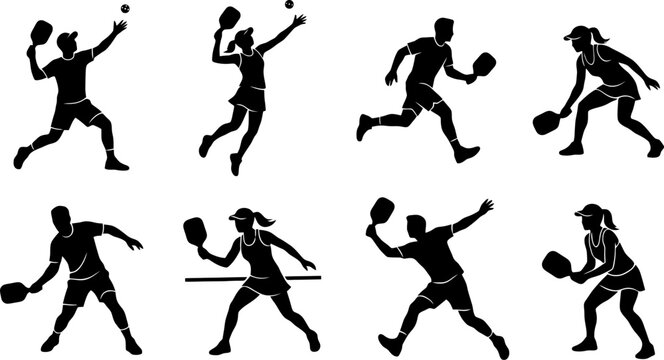 Set of black silhouettes of people playing pickleball with paddles in action poses