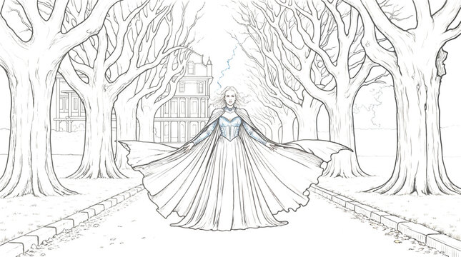 Woman in flowing gown walking alley of bare winter trees &mdash; coloring page in fairy-tale winter magic and elegant melancholy style