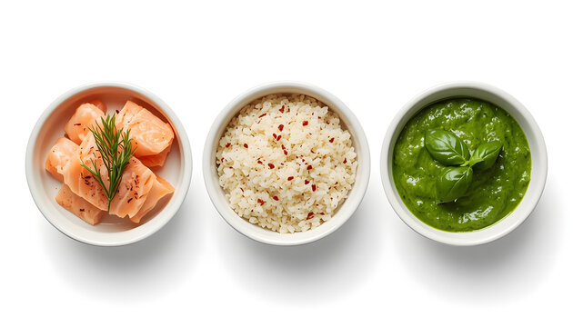 Bowls of salmon, rice, and green sauce. Healthy meal ingredients on white background.