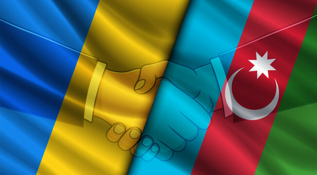 Vector political economic poster. Wavy flags of Ukraine and Republic of Azerbaijan. Crescent and star. Handshake. International deal. Kyiv and Baku. Mutual assistance and understanding