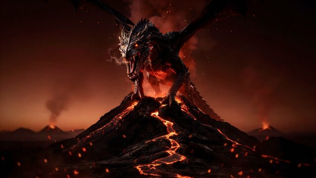 Powerful dragon emerging from volcanic eruption with fiery glow and dark sky
