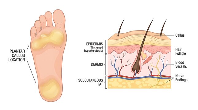 Human foot plantar callus anatomy and skin tissue layer cross section diagram