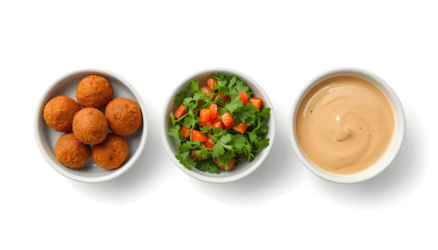 Falafel balls with fresh salad and tahini sauce. Middle Eastern food served in bowls.