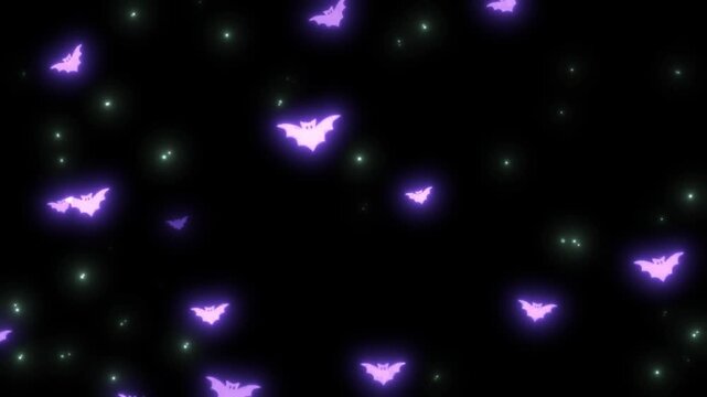 Bats flying through the night sky are depicted in a stylized graphic illustration that features glowing purple silhouettes and twinkling stars.