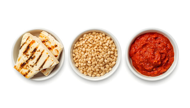 Grilled pita bread, couscous and tomato sauce. Mediterranean food bowls on white background.