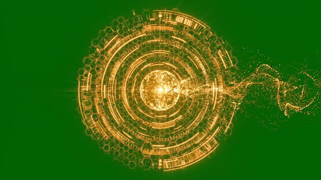 Golden magic spell overlay featuring complex futuristic circular UI design elements and glowing particle light trails isolated on a solid chroma green screen background display.