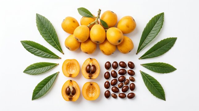 Fresh loquat fruits with leaves and seeds arranged on white background