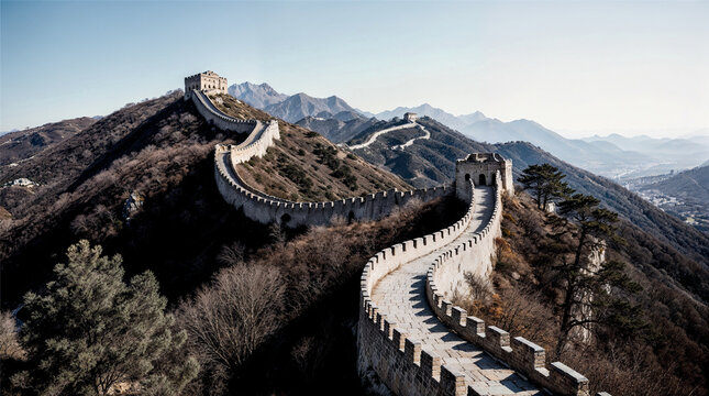 Majestic Great Wall of China winding along mountain ridges under clear sky, symbol of ancient Chinese history and National Day celebration