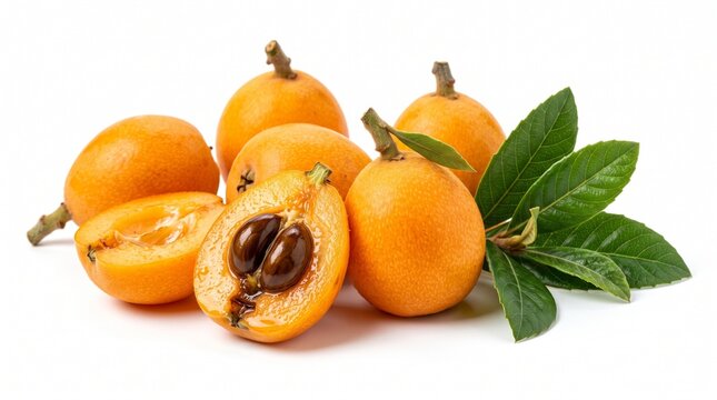 Fresh ripe loquat fruits with green leaves isolated on white background