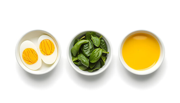 Boiled eggs, fresh spinach, and olive oil. Healthy food ingredients in small white bowls.