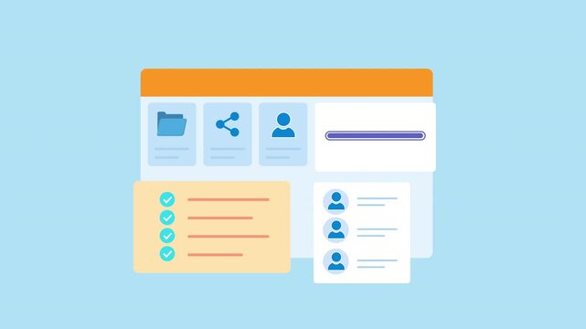 Minimal animated team collaboration dashboard interface featuring user connections, profile management, member directory, workflow panels, and task organization. Modern motion graphic for business col
