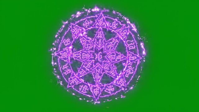 Glowing purple magic circle with mystical runes and energy symbols on green background for fantasy visual effects composition and digital video editing project asset element