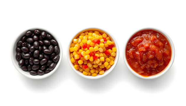 Bowls of black beans, corn salsa, and red sauce. Mexican food ingredients on white background.