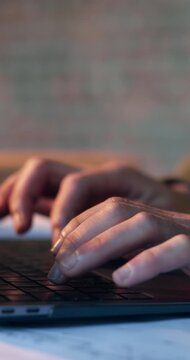 Construction, hands and typing on laptop on site for progress report, building code and RFI email. Architecture, person and tech for zoning compliance research, online blueprint and risk assessment