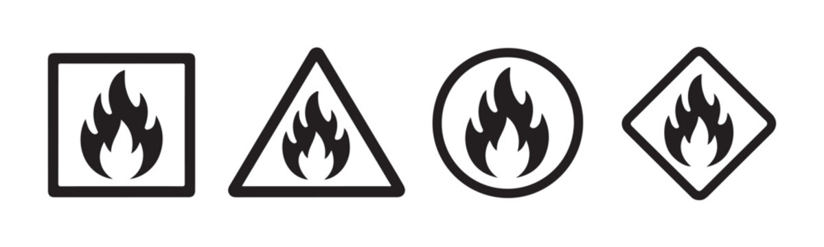 Flammable warning signs collection featuring fire symbol inside square triangle circle diamond shape.