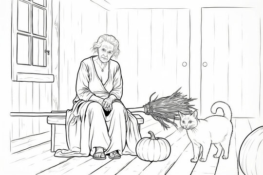 Elderly woman with broom and pumpkin on porch &mdash; Halloween coloring page in traditional folk mystique and cozy vintage domestic style