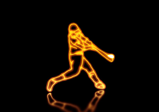 ネオンラインで描かれた野球選手のスイングと躍動感のある光の抽象的な背景