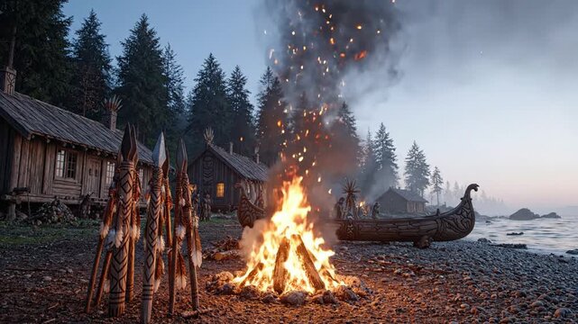 Ancient village by the sea with bonfire and longboat at dusk, tribal spears
