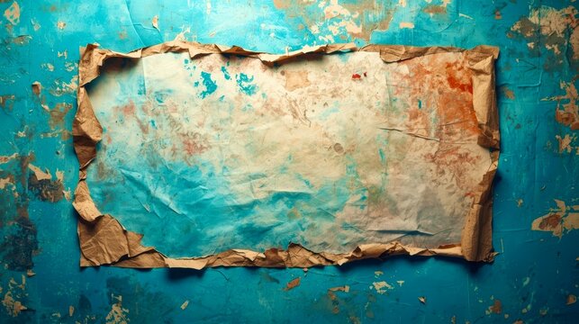 Rough, torn edges frame a weathered, faded blue surface