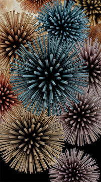 Abstract composition of volumetric star-shaped figures in blue, beige and brown tones on dark background, symbolizing New Year fireworks and festive mood