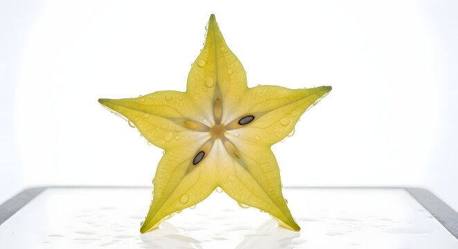 Close-up of a vibrant yellow star fruit slice on a white background.