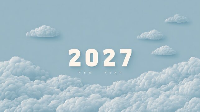 2027 New Year greeting design with fluffy clouds in a blue sky. Ideal for festive holiday banners and creative.