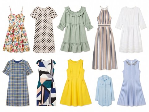 ten womens dress illustrations with different styles patterns and colors isolated on a white background