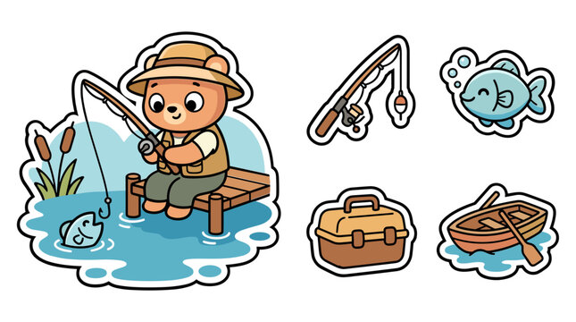 Adorable bear character fishing from a wooden pier in a lake, with fishing gear icons cartoon vector.
