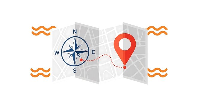 Folded map with compass, location marker, and route, surrounded by wavy lines, on white