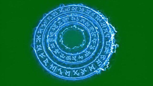 Blue magic spell circle with glowing ancient runes and energy vortex effect isolated on green screen background for video visual effects and fantasy film editing projects