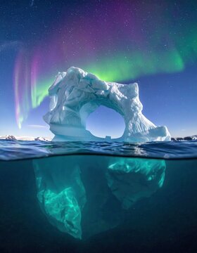 Floating iceberg under green aurora borealis in arctic waters