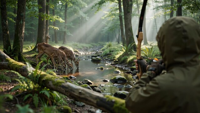 Hunter aiming bow at group of deer in lush forest stream during daytime