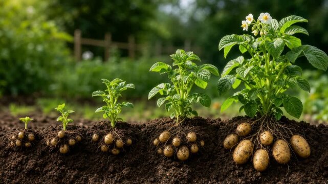 Growth stages of potato plants showing roots and tubers in fertile soil with green leaves and flowers
