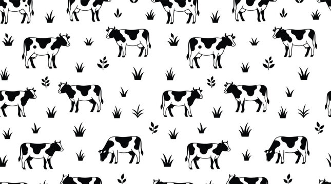 Black and white cow grazing seamless pattern with seamless livestock wallpaper