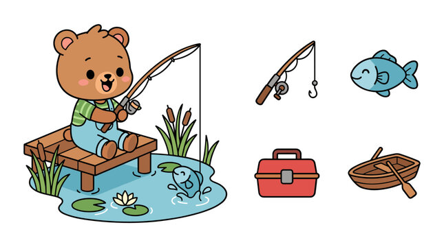 Cute teddy bear sitting on wooden pier fishing in pond with cat tails and water lilies near icons of boat rod and tackle.
