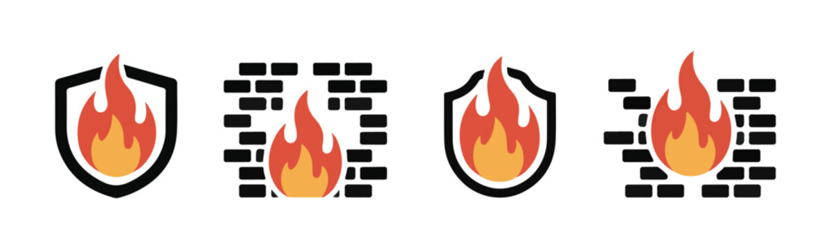 Firewall icons set shield brick wall flame protection safety concept.